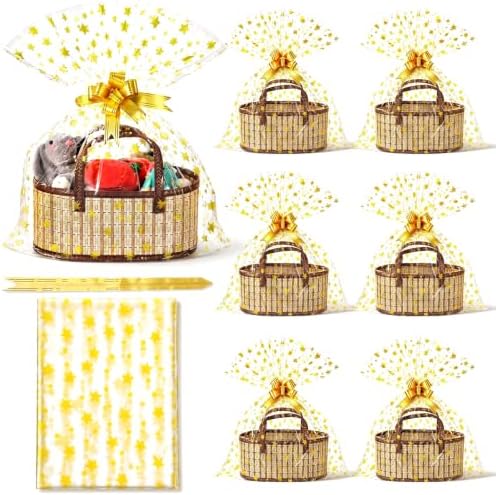 6 Pcs Gift Baskets Empty, Large Foldable Woven Gift Basket Set with Handles, 35x20x15CM Bamboo Baskets for Gifts, 10 Gold Star Gift Bags, for Baby Shower, Mother's Day, Christmas, Housewarming by AojSup