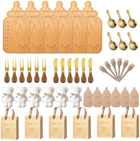 Baby Bottle Shaped Acacia Wood Cheese Board Gift Set - Premium Baby Shower Prizes for Game Winners, Gender Reveal & Bridal Shower Party Favors for Guests Acacia Wood 6 Sets by Unknown