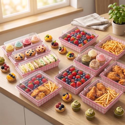 100 Pack Pink Charcuterie Plaid Boxes with Clear Lids, Two Different Sizes - Image 5