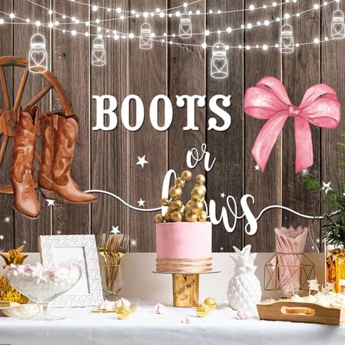 10x8FT Gender Reveal Backdrop Boots or Bows Rustic Wood Brown Cowboy Boots Pink Bows Photography Background Gender Reveal Baby Shower Party Decorations Banner Photo Booth Props - Image 3