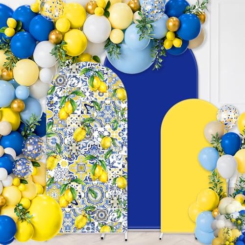 FYSUIMU 3 Pcs Mediterranean Lemon Arch Backdrop Covers Yellow Blue Stretchy Spandex Arch Stand Fabric Cover for Amalfi Coast Wedding Birthday Party Decoration (4ft/5ft/6ft) by FYSUIMU