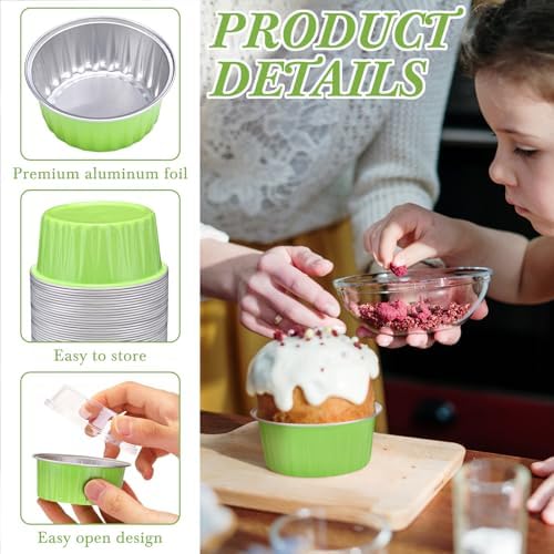 200 Pack Aluminum Cupcake Liners with Lids,Green,Plain - Image 2