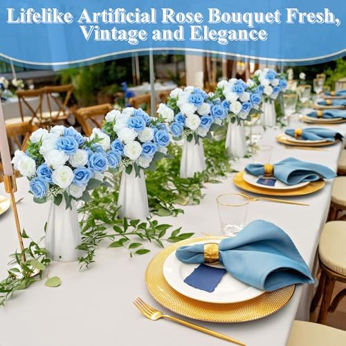 Zeyune 8 Pack 12 Inch Artificial Rose Bouquet, Blue and White - Image 3