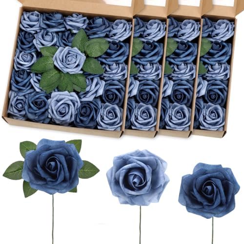 100 Pcs Artificial Rose Flowers, Dusty Blue Shades by Luinabio