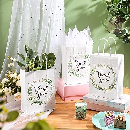 PerKoop 60 Pack Thank You Paper Gift Bags, Eucalyptus Leaf, White, Green - Image 3