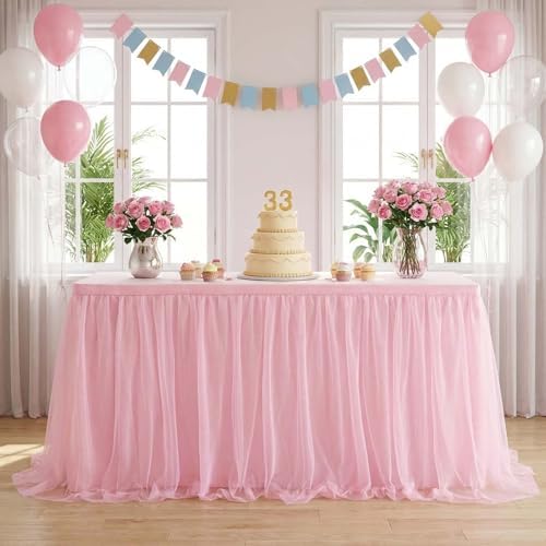 9ft Pink Tulle Table Skirts for Rectangle or Round Tables - Ruffle Tulle Tutu Cloth Table Skirt Party Tablecloth for Wedding Baby Shower Dessert Buffet Banquet Table Decorations - Image 4