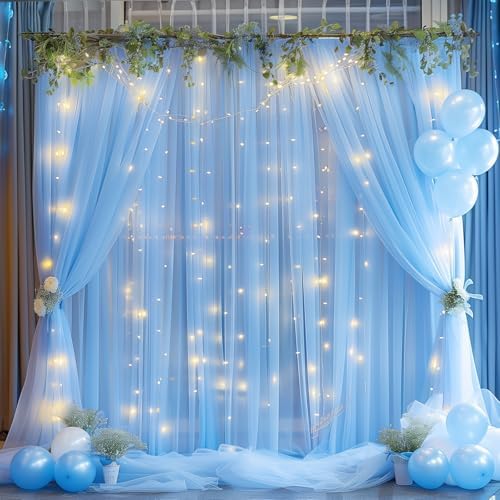 10ft x 8ft Blue Backdrop Curtain with Lights String for Parties, Sheer Tulle Wedding Photo Backdrops Drapes for Baby Shower Birthday Party Decorations Background for Photography - Image 2