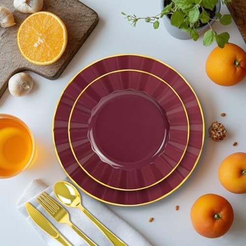 150Pcs Plastic Plates with Gold Rim, Heavy Duty Burgundy Plates for 30 Guests, Plastic Dinnerware Set Include 30 Dinner Plate, 30 Dessert Plate, 90 Gold Cutlery Set for Party (Burgundy) - Image 4