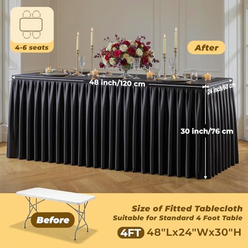 Black Polyester Table Cloths for Rectangle 4 Foot Tables, 2 Pack Wrinkle Free Tablecloths Stretchy Banquet Ruffle Fitted Table Cover Desk Skirt for Parties Wedding Birthday Baby Shower - Image 4