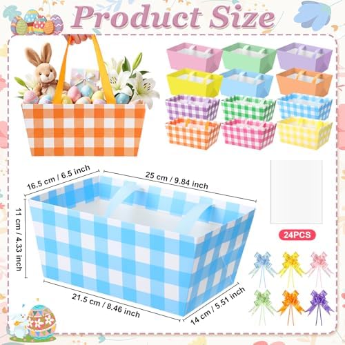 Funnymoom 24 Pcs Pastel Basket for Gifts Empty Pastel Colors Plaid Gift Basket Empty to Fill with Handle, Transparent Bag and Bow for Macaron Wedding Birthday Summer Party Favor Supplies, 9.8x6.5'' - Image 3