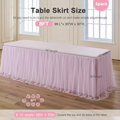 familus Pink Table Cloths 8 Foot Rectangle 2 Pack Stretch Ruffle Tulle Tablecloth Spandex Fitted Table Cover for 8 Foot Tulle Table Skirts for Party Wedding Table Cloths, Banquets - Image 3