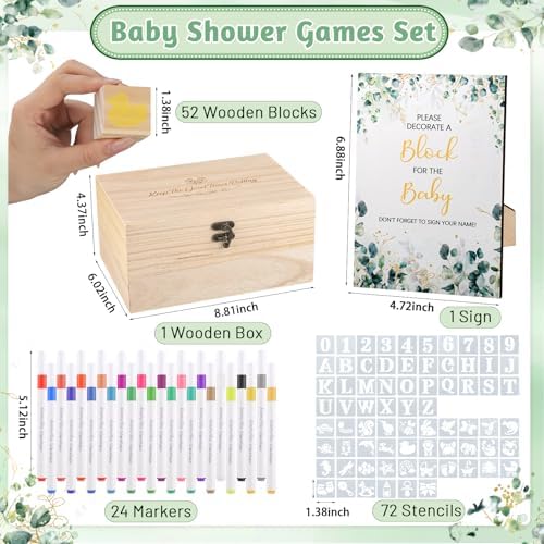 150Pcs Baby Shower Games Kit, 52 Blank Wooden Baby Shower Blocks 24 Acrylic Paint Marker 1 Wooden Sign 1 Storage Box and 72 Templates for Baby Shower Decorations - Image 2