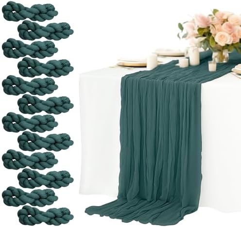 12 Pack Emerald Green Cheesecloth Table Runners 10FT Long – 35 x 120 Inch Boho Gauze Table Runners for Engagement, Wedding, Baby Shower & Home Decor – Soft Wrinkled Polyester Fabric by Unknown