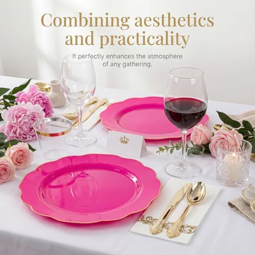 NOCCUR 175PCS Hot Pink Plastic Plates with Gold Disposable Silverware - Include 50 Hot Pink Plates,25 Knives,25 Forks,25 Spoons,25 Cups and 25 Napkins - Ideal for Party/Wedding/Banquet - Image 3