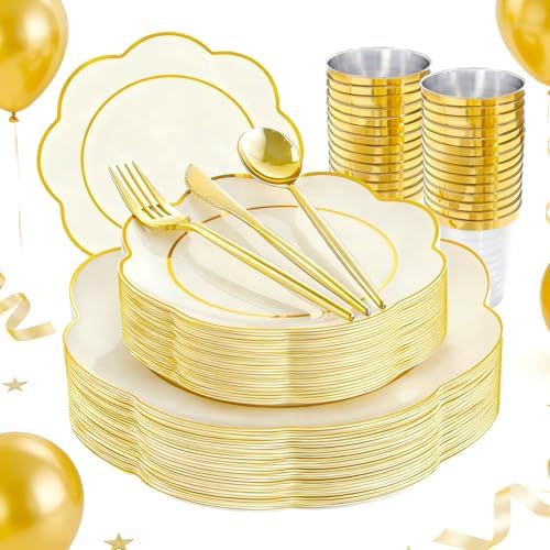 ejonirinjonir 180pcs Elegant Double Gold Rim Ivory Plastic Plates for Proms by Ejonirinjonir
