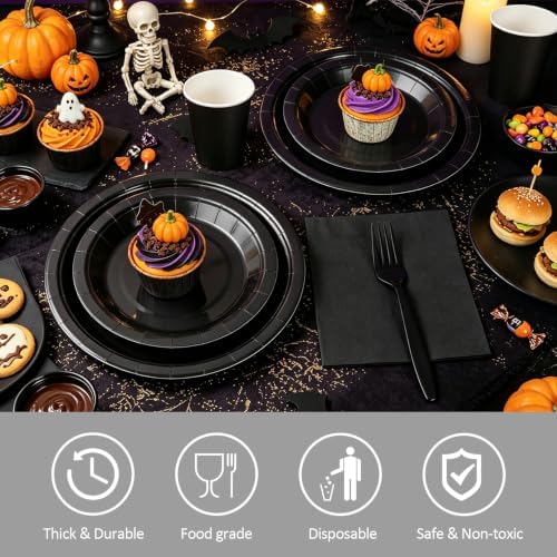 Black Paper Plates and Napkins, Disposable Black Party Plate Include 7&9INCH Plates Cups Napkins Forks Party Supplies for Halloween, Father‘s Day, Graduations, Retirement, Birthday, for 25 Guests - Image 3