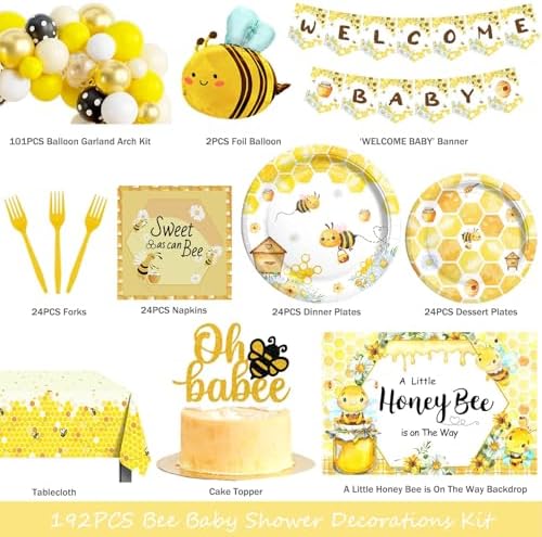 Party Inspo Bee Baby Shower Decorations, Honey Bee Baby Shower Supplies, A Little Honey Bee is On The Way Decorations Backdrop Balloon Banner Tablecloth Cake Topper Plates Napkins Forks Yellow 203PCs - Image 2