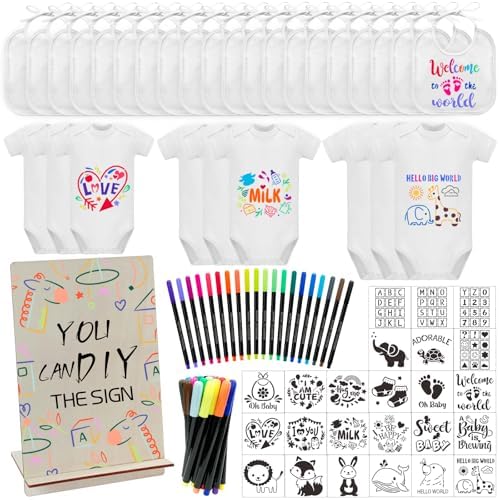 Bibs Bodysuits Baby Shower Game Sign Set Newborn Onesies Feeder Gift Fabric Marker Stencils Kit by Aisharery