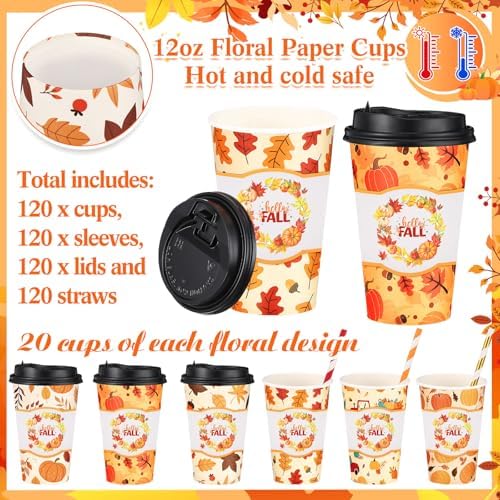 Jingmore 120 Sets 16oz Disposable Paper Coffee Cups with Lids Sleeves Straws Holiday Paper Drinking Cups Bulk for Hot Cold Beverages Home Business Cafe Birthday Party Supplies (Fall) - Image 3
