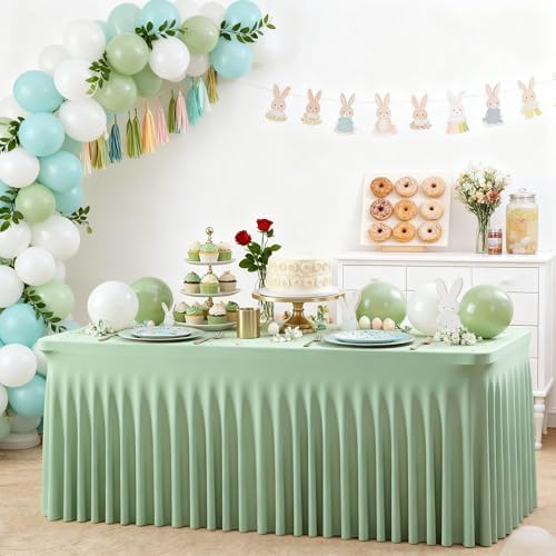 Wish Care 6 Pack Sage Green Spandex Table Clothes for 6 Foot Rectangle Tables, 6FT Wrinkle Free Fitted Tablecloths Ruffles Design Table Cloth for Party, Banquet, Wedding and Events - Image 7