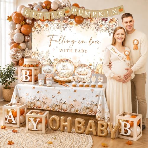 Fall Baby Shower Decorations, Little Pumpkin Baby Shower Decorations with Backdrop Little Pumpkins Plate and Napkins Backdrop Balloon Arch Box for Thanksgiving Fall Baby Shower - Image 4