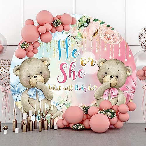 AOFOTO 7.2x7.2ft Bear Baby Shower Round Backdrop Cover Pink Blue Flowers Bear Gender Reveal Party Decorations Banner Boy or Girl He or She Circle Background Baby Newborn 1st Birthday Photobooth Props by AOFOTO