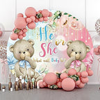 AOFOTO 7.5x7.5ft Bear Baby Shower Round Backdrop Cover Pink Blue Flowers Bear Gender Reveal Party Decorations Banner Boy or Girl He or She Circle Background Baby Newborn 1st Birthday Photobooth Props - Image 2