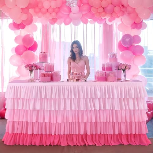 9ft Pink Tutu Tulle Table Skirt for Rectangle Round Tables Chiffon Table Cloth for 1st Birthday Party Decorations Baby Shower Girls Parties Cake Dessert Table Decorations Ruffle Table Skirting - Image 3