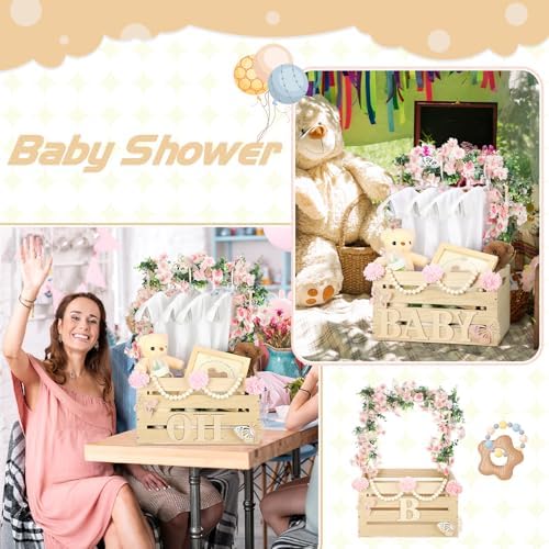 Juexica Wooden Baby Shower Crate Closet Baby Basket with Handle Box with Butterfly Eucalyptus Garland Bead Artificial Flowers Large Letter for Pregnancy New Parent Gift(Wood Color) - Image 6