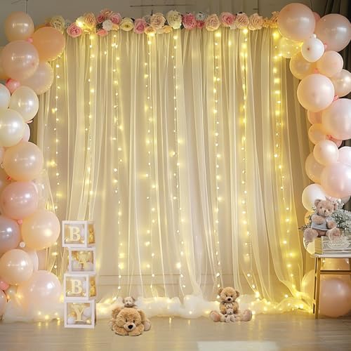Champagne Sheer Backdrop Curtain with Lights String for Parites Wedding 20×10ft Tulle Backdrop Curtains for Bridal Shower Baby Shower Birthday Party Photo Shoot Decorations(4 Panels 5ft×10ft) - Image 2