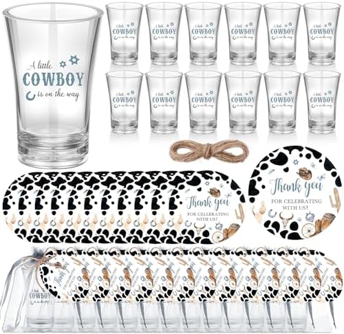 Funnymoom 50 Sets Cowboy Baby Shower Favors for Guest A Little Cowboy is on the Way Acrylic Clear Shot Glasses Thank You Cards and Twine Organza Bags for Western Baby Shower Birthday Party Decorations by Funnymoom