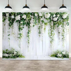 12x8ft White Flower Backdrop Green Leaves Wedding Bridal Shower Photography Background Floral Rustic Wood Wall Birthday Party Banner Decorations Reception Ceremony Portrait Photo Booth Prop by ASDCXZ