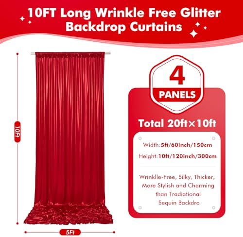 20x10ft Shimmer Red Sequin Backdrop Curtain for Parties, Thick Wrinkle Free Glitter Backdrop Drapes Photo Back Drop Curtains for Birthday Wedding Christmas Photography Background-4 Panels 5x10ft - Image 6