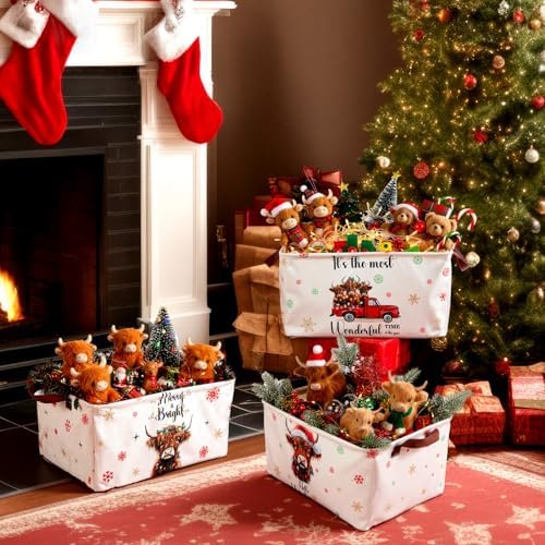 CHENGU 6 Pack Christmas Storage Basket Collapsible Christmas Basket for Gifts Highland Cow Holiday Decor Large Red Truck Bin Foldable Xmas Tree Box with Handle for Bedroom Office Home - Image 5