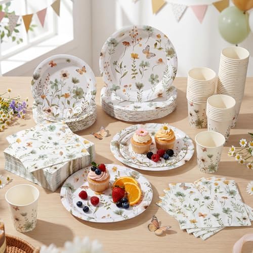 Wildflower Party Decorations, Paper Plates Napkins Cups Serve 50, Green - Image 4