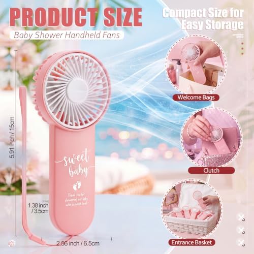 12 Sets Baby Shower Fans Party Favors Portable,Pink,5 Styles - Image 3