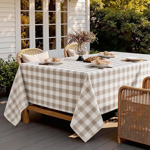Gingham Tablecloth Rectangle Table, Cotton Linen Fabric Picnic Checkered Table Cloth Farmhouse Washable Wrinkle Free Buffalo Plaid Table Cover for Outdoor Birthday Party, Beige, 60x120 - Image 2