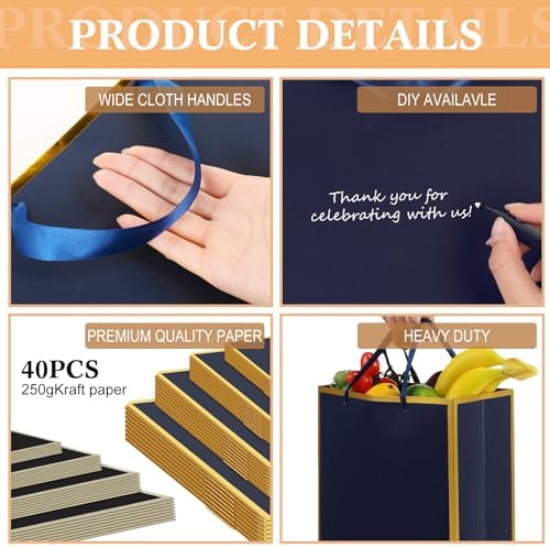 PerKoop 40 Pack Thank You Gift Bags with Handles 4 Sizes Kraft Gift Bags Recyclable Dessert Shopping Sacks for Mother's Day Wedding Graduation Bridesmaid Baby Shower Birthday Housewarming(Blue) - Image 3