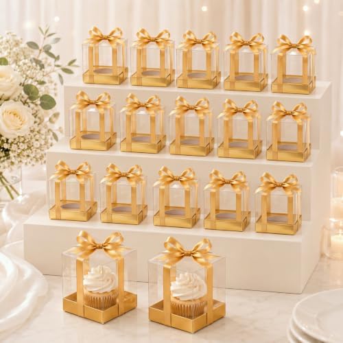 Gerrii 100 Pcs Clear Plastic Individual Cupcake Boxes 3.5" Single Cupcake Containers Transparent Ornament Gift Box with Inserts and Ribbon for Wedding Baby Shower Party Favor(Gold) by Gerrii
