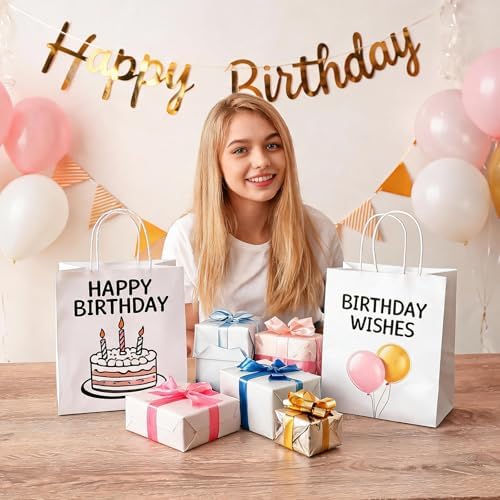 bagmad 100Pcs Pack 8x4.75x10 inch Medium White Kraft Paper Bags with Handles Bulk, Gift Bags, Craft Grocery Shopping Retail Birthday Party Favors Wedding Sacks Restaurant Takeout, Business (100) - Image 6