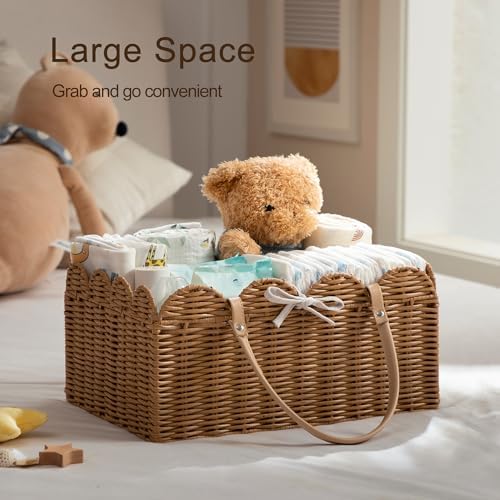 HBlife Baby Diaper Caddy Organizer, Large Portable Scalloped Plastic Wicker Woven Basket with Divider, Nursery Diaper Station, Baby Shower Gifts Basket, Car Organizer, Washable Waterproof - Image 2
