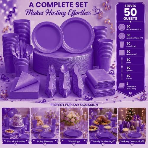 Tinybee 352 Pcs Purple Plastic Plates, Disposable Dinnerware Set for 50 - Image 2