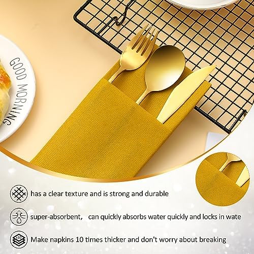 Cindeer 75 Pcs Gold Linen Dinner Napkins with Built in Flatware - Image 4