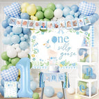 One Silly Goose Birthday Decorations, Blue Silly Goose First Birthday for Boys, Goose 1st Highchair Banner Balloon Garland Box Monthly Photo Cake Topper Hat Poster for Boys Funny Party Supplies by Tenshun