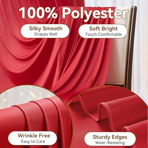 10×14ft Wrinkle Free Red Backdrop Curtain for Wedding Parties,2 Panels 5×14ft Height Soft Silky Polyester Backdrop Drapes Red Photo Back Ddrop Curtains for Event Photography Christmas Background Cloth - Image 2