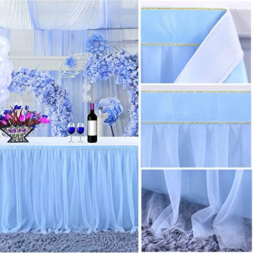 Suppromo 14ft Baby Blue Tulle Table Skirt for Baby Shower Boy Light Blue Tutu Table Cover for Birthday Party Baby Shark Gender Reveal Boy Elephant Theme Cake Table Decorations - Image 6