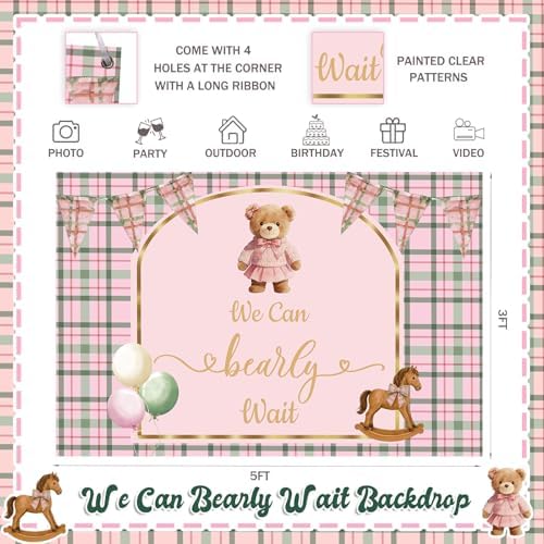 Costova Bear Baby Shower Decorations for Boys, Teddy Bear Plaid Party Supplies with Balloon Boxes, Pink Green and White Balloon Garland Arch Kit, We Can Bearly Wait Backdrop OH BABY Foil Balloons - Image 4