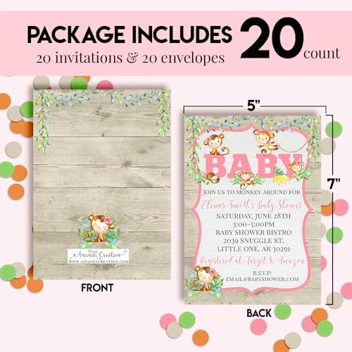 Amanda Creation Custom Baby Shower Invites Baby Girl Monkey Baby Shower Invitations 20 5x7 Custom Personalized Invitations With Envelopes - Image 4