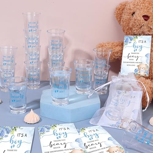 60 Sets Bear Baby Shower Shot Glasses We Can Bearly Wait Clear Acrylic Shot Glasses Boy Girl Theme Baby Shower Favors for Guests with Thank You Card Bag for Gender Reveal Souvenir (Blue) - Image 4