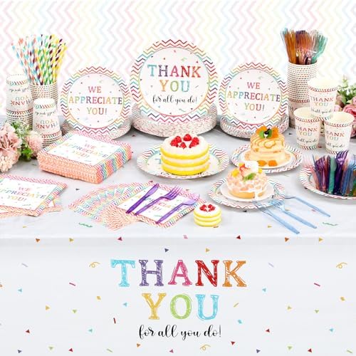 Funnymoom 452 Pcs Thank You Party Decorations for 50, We Appreciate You Paper Plates Napkins Cups Tablecloth Cutlery Straws for Employee Staff Housekeeping Week Pastor Appreciation Party Supplies - Image 6